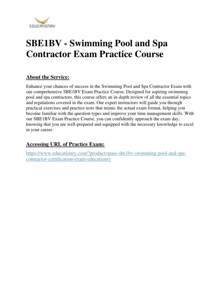 sbe1bv swimming pool and spa contractor exam