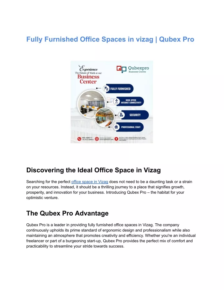 fully furnished office spaces in vizag qubex pro