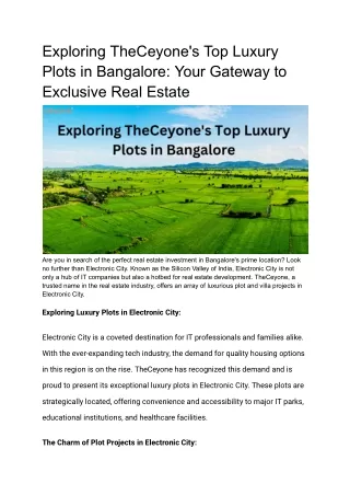 Ceyone's Top Luxury Plots in Bangalore