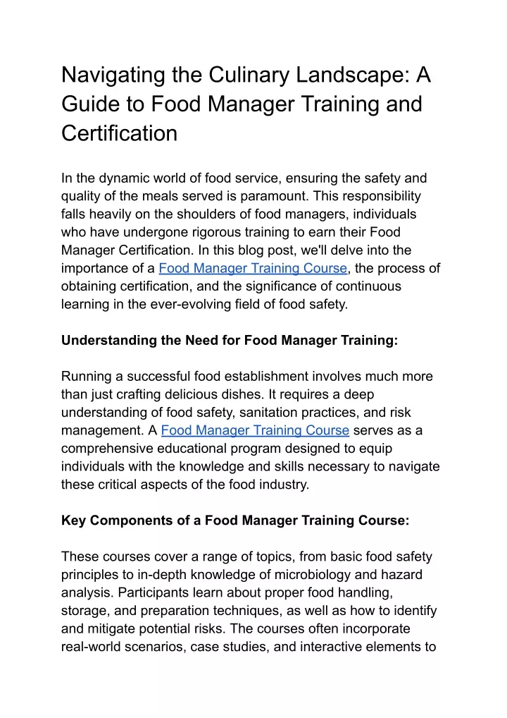 PPT - Navigating the Culinary Landscape: A Guide to Food Manager Training and Certific 