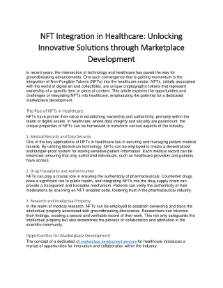 NFT Integration in Healthcare: Unlocking Innovative Solutions through Marketplac