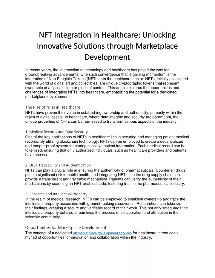 nft integration in healthcare unlocking