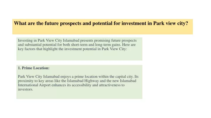 what are the future prospects and potential for investment in park view city