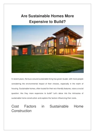 Are Sustainable Homes More Expensive to Build?