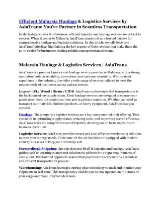 efficient malaysia haulage logistics services