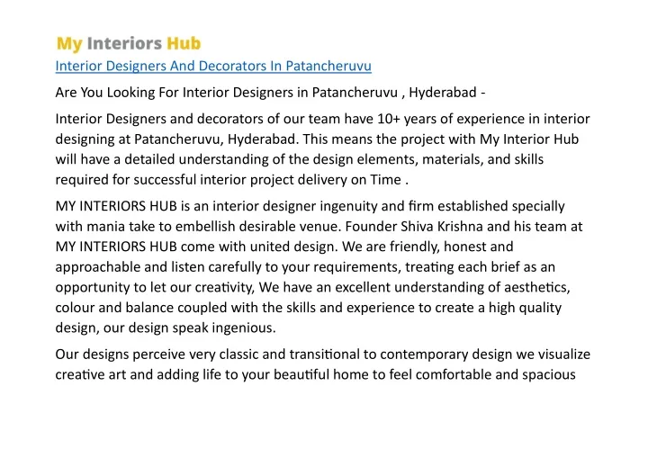 interior designers and decorators in patancheruvu