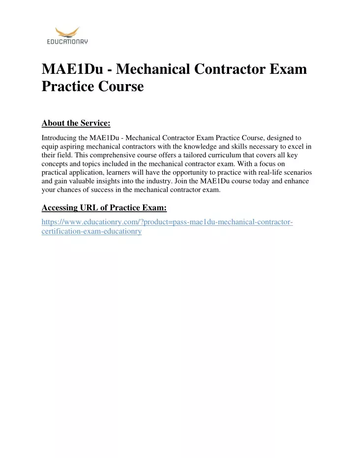 mae1du mechanical contractor exam practice course