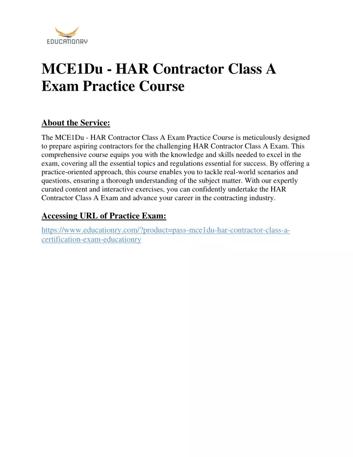 mce1du har contractor class a exam practice course