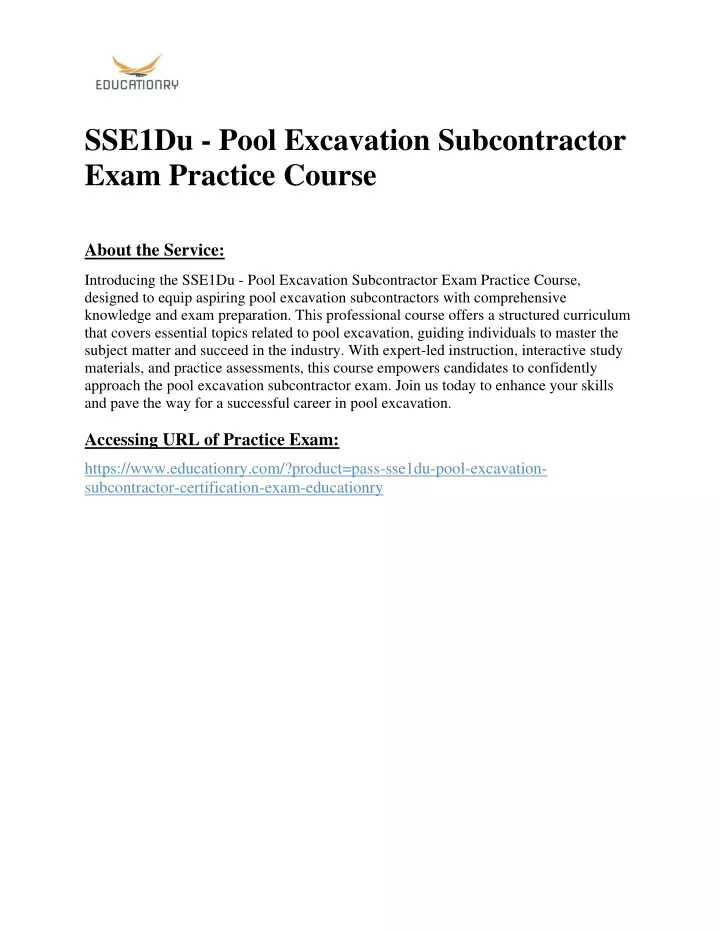 sse1du pool excavation subcontractor exam