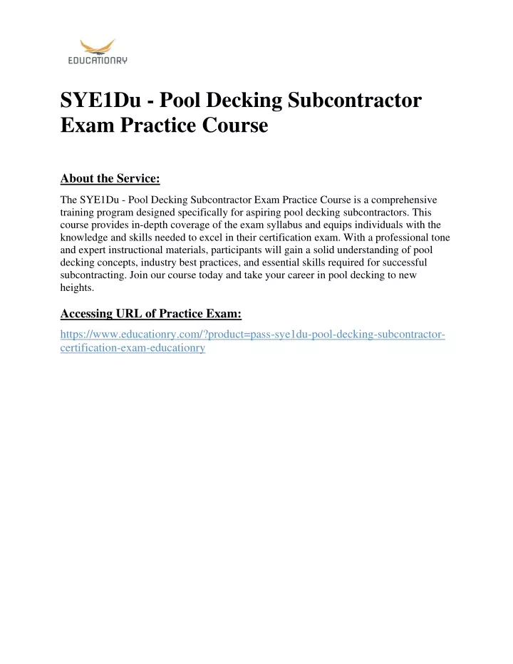 sye1du pool decking subcontractor exam practice
