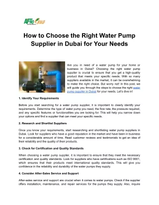 How to Choose the Right Water Pump Supplier in Dubai for Your Needs