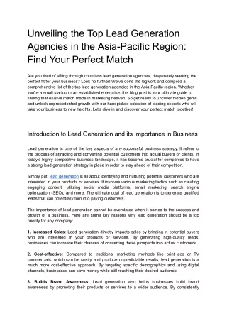 Top Lead Generation Agencies in the APAC Region_ Find the Perfect Partner for Your Business