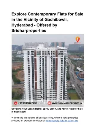 Explore Contemporary Flats for Sale in the Vicinity of Gachibowli, Hyderabad - Offered by Sridharproperties