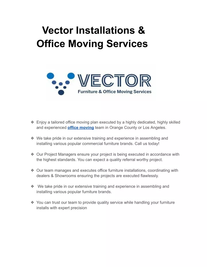vector installations office moving services