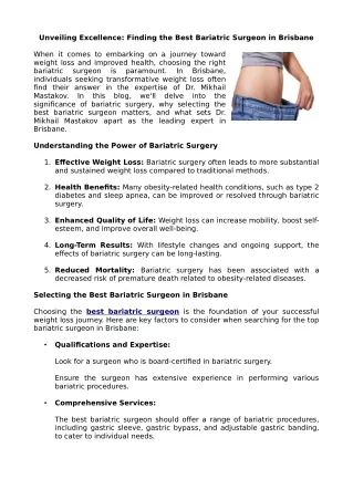 Unveiling Excellence: Finding the Best Bariatric Surgeon in Brisbane