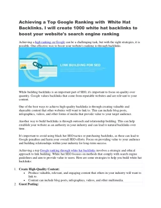 I will created 1000 white hat backlinks achieve top google ranking