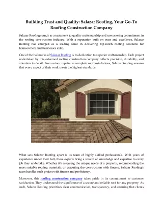 Building Trust and Quality Salazar Roofing, Your Go-To Roofing Construction Company