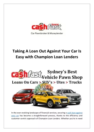 Taking A Loan Out Against Your Car Is Easy With Champion Loan Lenders