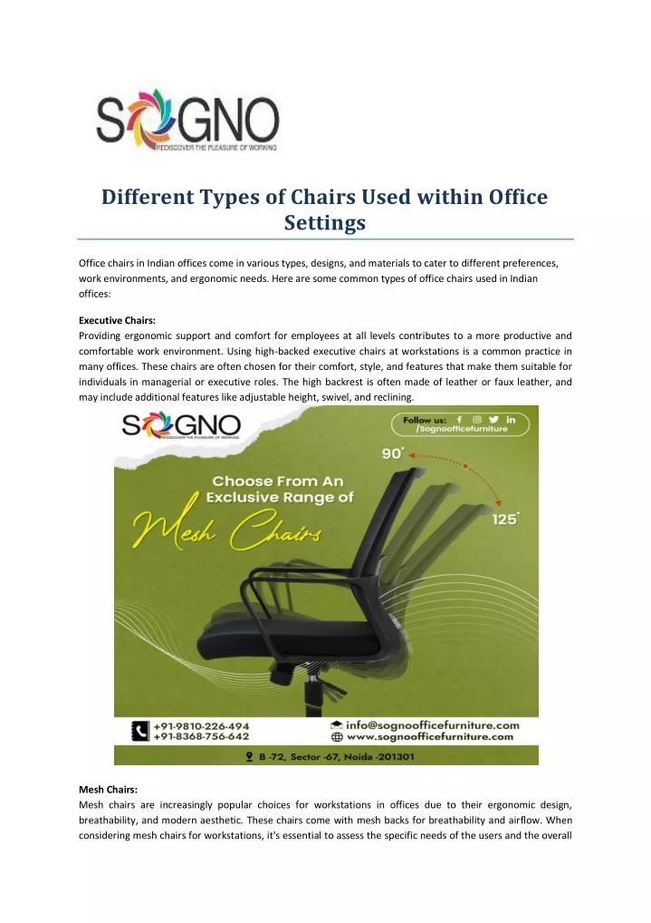different types of chairs used within office