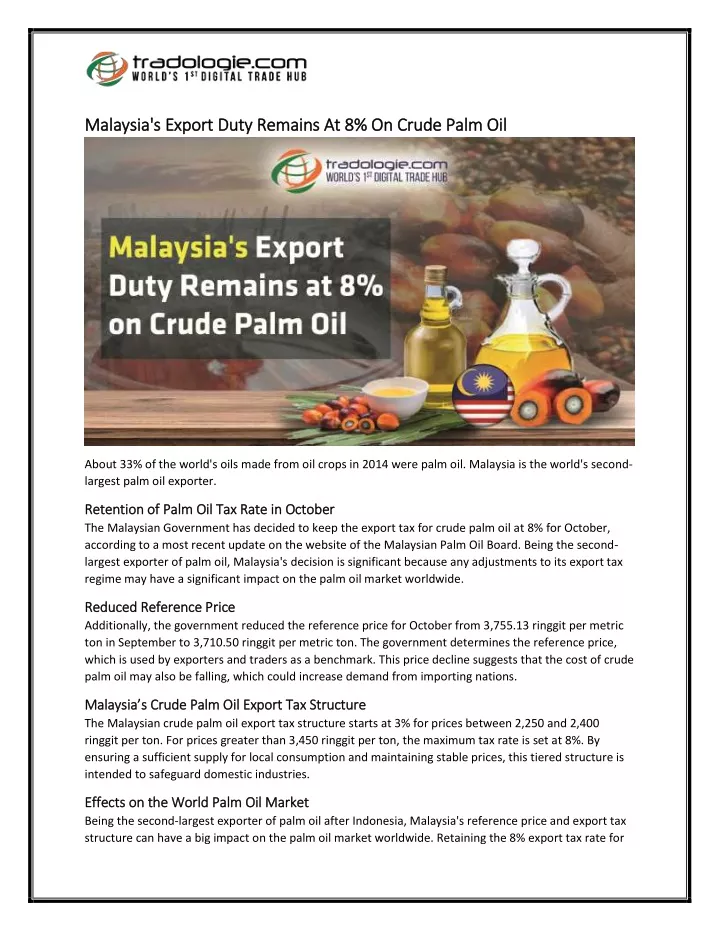 malaysia s export duty remains at 8 on crude palm