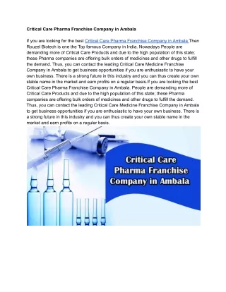 Critical Care Pharma Franchise Company in Ambala