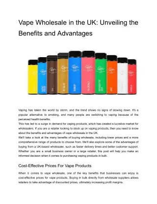 Vape Wholesale in the UK- Unveiling the Benefits and Advantages