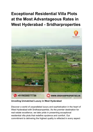 Exceptional Residential Villa Plots at the Most Advantageous Rates in West Hyderabad - Sridharproperties