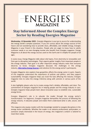 Stay Informed About the Complex Energy Sector by Reading Energies Magazine