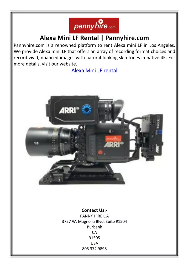 alexa mini lf rental pannyhire com pannyhire