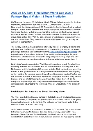 AUS vs SA Semi Final Match World Cup 2023 _ Fantasy Tips & Vision 11 Team Prediction