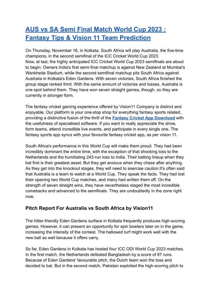 aus vs sa semi final match world cup 2023 fantasy