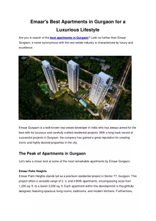 Emaar's Best Apartments in Gurgaon for a Luxurious Lifestyle