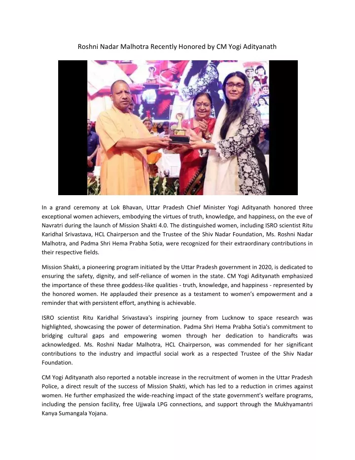 roshni nadar malhotra recently honored by cm yogi