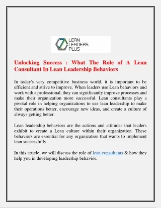 Unlocking Success  What The Role of A Lean Consultant In Lean Leadership Behaviors