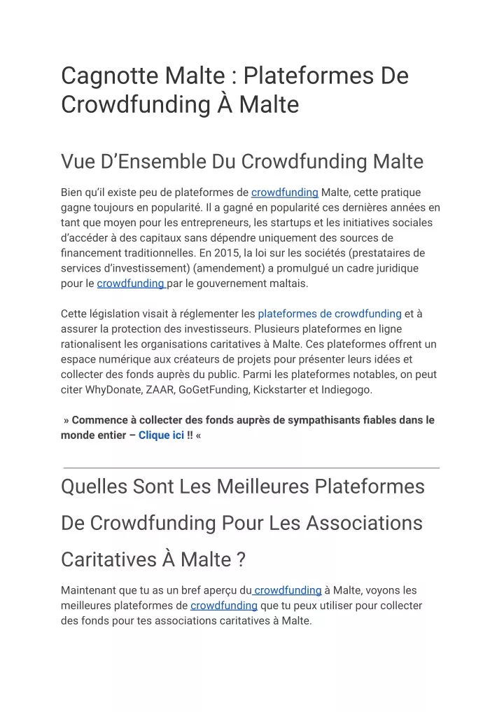 cagnotte malte plateformes de crowdfunding malte