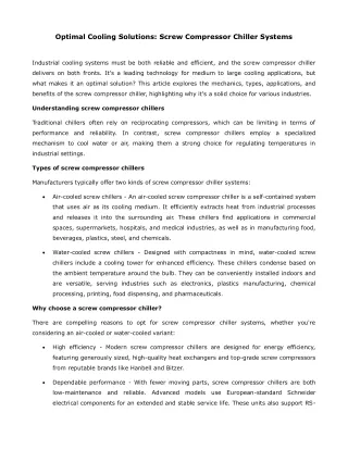 Optimal Cooling Solutions Screw Compressor Chiller Systems