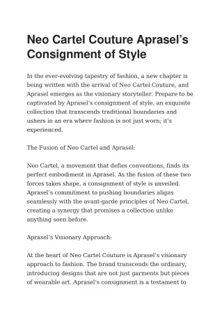 Neo Cartel Couture Aprasel’s Consignment of Style
