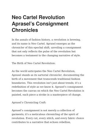 Neo Cartel Revolution Aprasel’s Consignment Chronicles