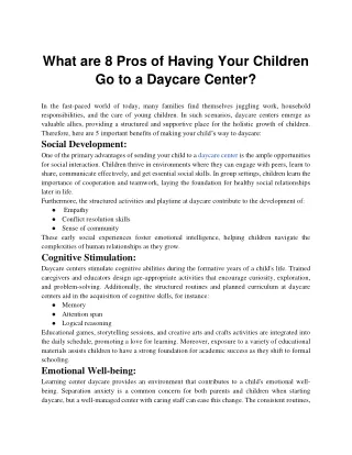 What are 8 Pros of Having Your Children Go to a Daycare Center