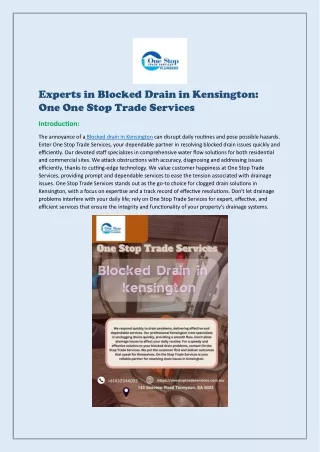 Experts in Blocked Drain in Kensington By One Stop Trade Services