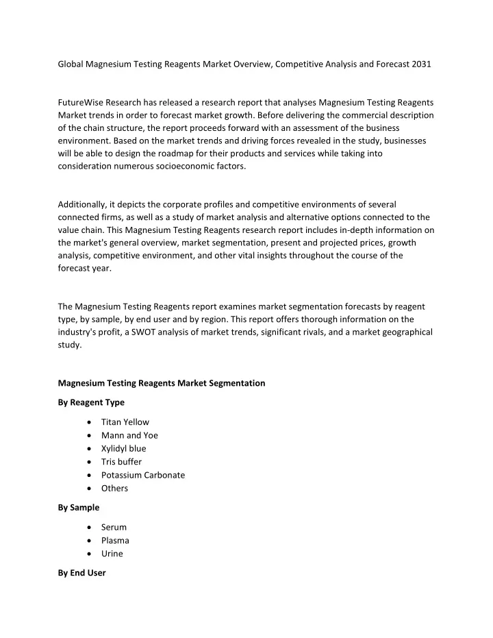 global magnesium testing reagents market overview