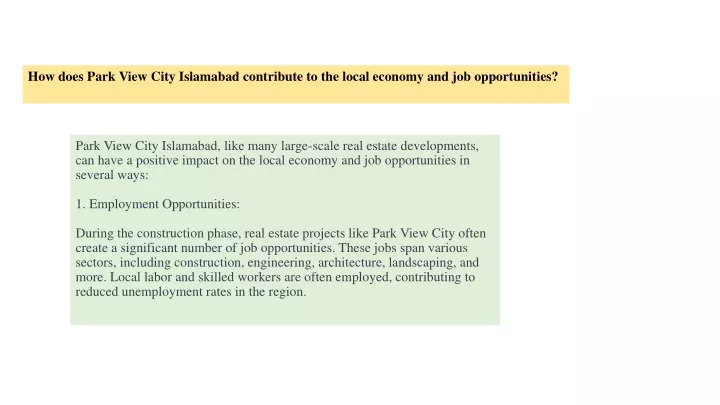 how does park view city islamabad contribute to the local economy and job opportunities