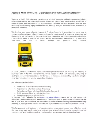 Accurate Micro Ohm Meter Calibration Services by Zenith Calibration