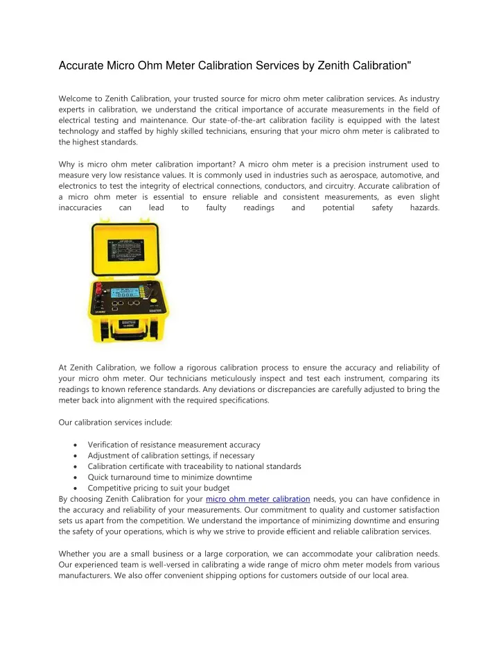accurate micro ohm meter calibration services