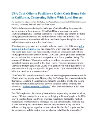 USA Cash Offer to Facilitate a Quick Cash Home Sale in California, Connecting Sellers With Local Buyers