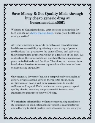 Save Money & Get Quality Meds through buy cheap generic drug at Genericmedicina
