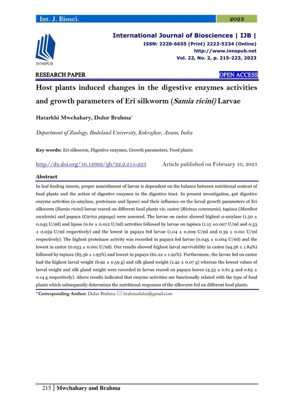 Host plants induced changes in the digestive enzymes activities and growth param