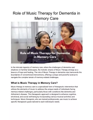 Role of Music Therapy for Dementia in Memory Care