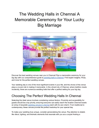 The Wedding Halls in Chennai A Memorable Ceremony for Your Lucky Big Marriage