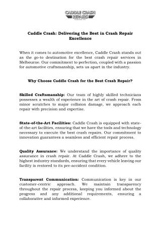 Caddle Crash Delivering the Best in Crash Repair Excellence